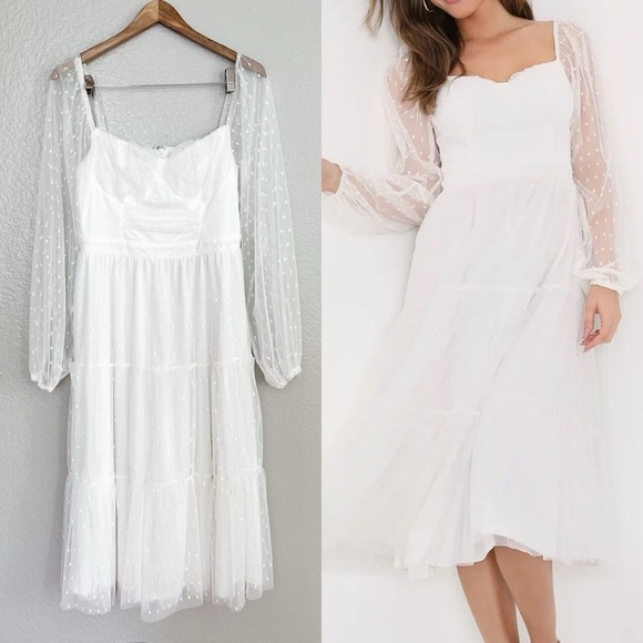 Affectionate Aura White Swiss Dot Tiered Bustier Midi Dress - Picture 1 of 12